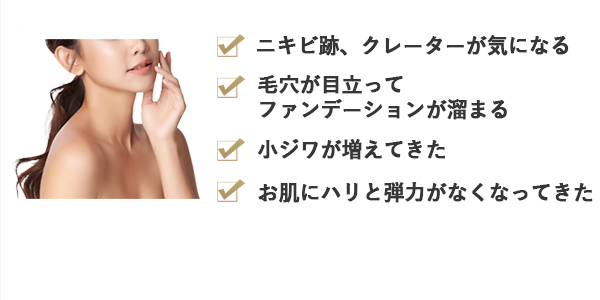 ニキビやニキビ跡が気になる ブツブツ毛穴が目立つ 小ジワが増えてきた お肌にハリと弾力がなくなってきた